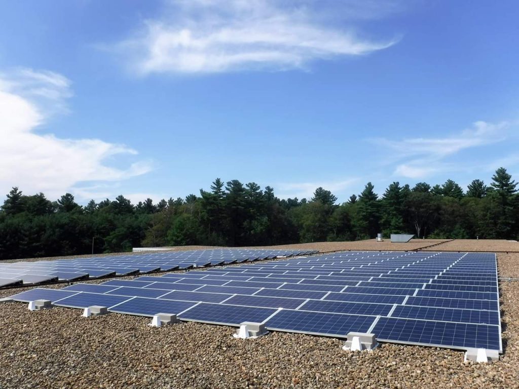 Solar panel installation on a commercial rooftop, showcasing rows of solar panels in a sunny outdoor setting with trees in the background, emphasizing clean energy solutions by BD Electrical Services.
