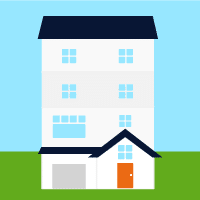 Illustration of a four-story building with a blue roof and green lawn, representing potential residential solar energy installation options for BD Electrical Services' solar calculator.