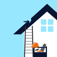 Illustration of a worker in an orange hard hat using tools from a toolbox next to a house, emphasizing minor repairs and maintenance in the context of solar energy installation.