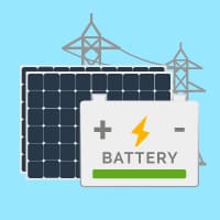 Solar panels and battery icon with lightning bolt, representing solar energy solutions and storage for BD Electrical Services.